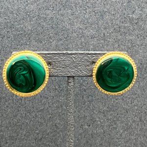 Round Pierced Earrings Gold Emerald Green Enamel Swirl Sparkly Dotted Edge Retro